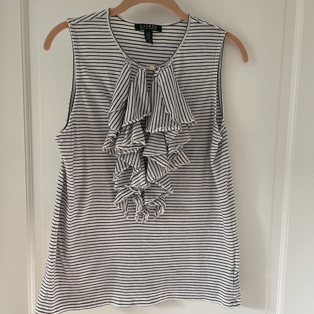 Ralph Lauren white with black stripes ruffle front knit top